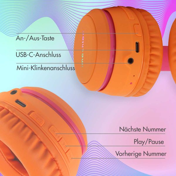 imoshion Kids LED Light Bluetooth-Kopfhörer - Kinderkopfhörer - Kabelloser Köpfhorer mit Dezibelbegrenzer + AUX-Kabel - Hot Pink / Apricot Crush Orange