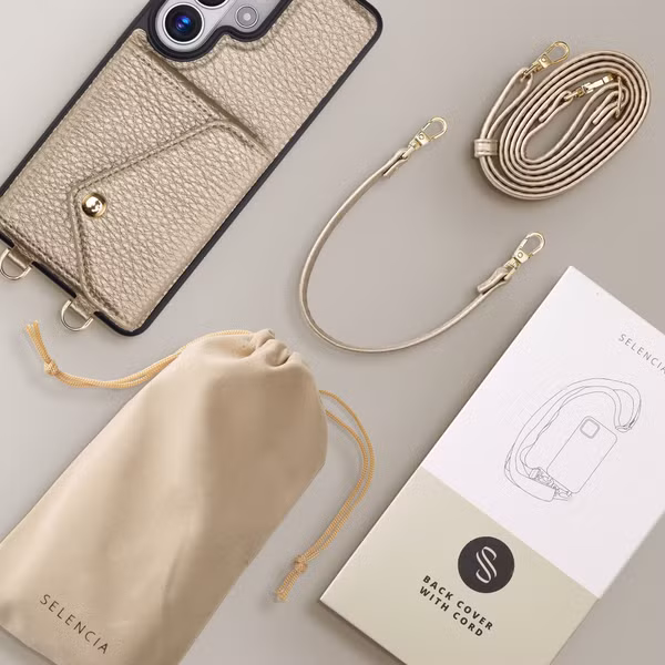 Selencia Sera HandyHülle mit Kordel und Umschlag-Kartenhalter Samsung Galaxy S26 Ultra - Champagne