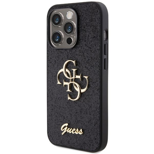 Guess 4G Metal Logo Back Cover mit Glitter für das iPhone 15 Pro - Schwarz