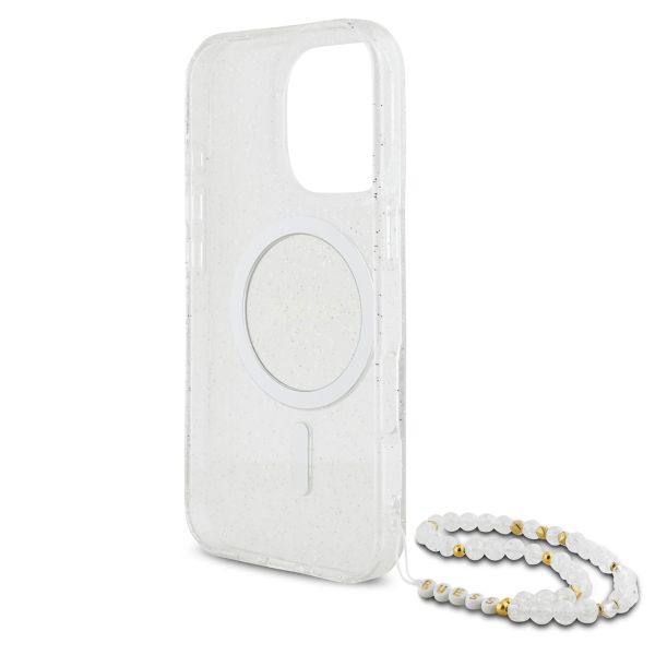 Guess MagSafe IML Glitter Case mit Beads Strap für das iPhone 16 Pro Max - Transparent