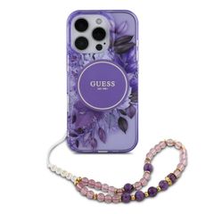 Guess MagSafe IML Flowers Case mit Beads Strap für das iPhone 15 Pro Max - Purple