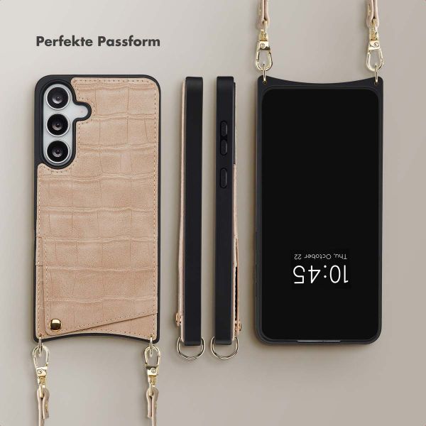 Selencia Nova Croco HandyHülle mit Kordel und Kartenhalter Samsung Galaxy S25 FE - Beige