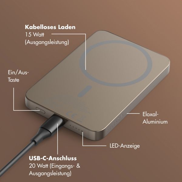 Selencia Vivid Powerbank 5.000 mAh - MagSafe und Qi2 - Desert Gold / Leopard