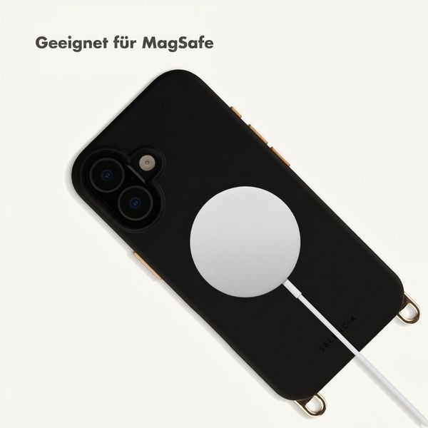 Selencia Rivièra MagSafe Backcover mit abnehmbaren Haken für das Apple iPhone 17 - Velvet Black + Sleek Chain Handykette - Gold