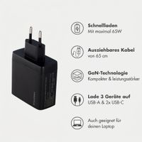 imoshion GaN-Ladegerät mit ausziehbarem USB-C-Kabel 65W - USB-A + USB-C - Schwarz
