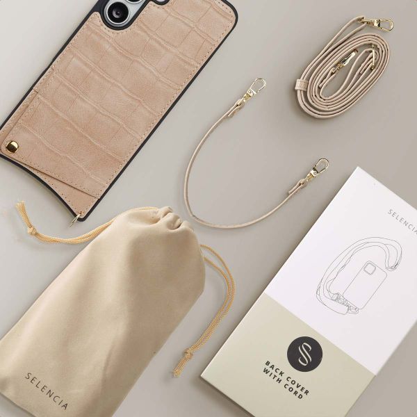 Selencia Nova Croco HandyHülle mit Kordel und Kartenhalter Samsung Galaxy S25 FE - Beige