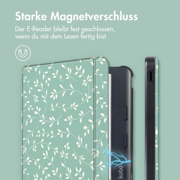 imoshion Design Slim Hard Case Sleepcover mit Stand für das Kobo Libra Colour / Tolino Vision Color - Smoke Green Flowers