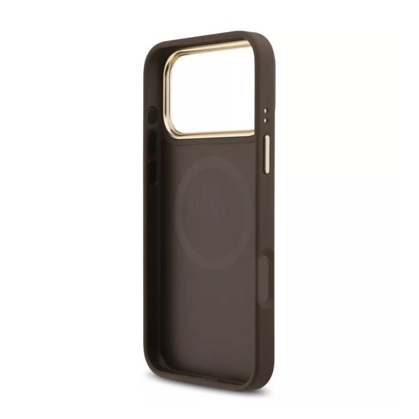 Guess Classic Strass Logo Leather Back Cover mit MagSafe Apple iPhone 17 Pro - Braun