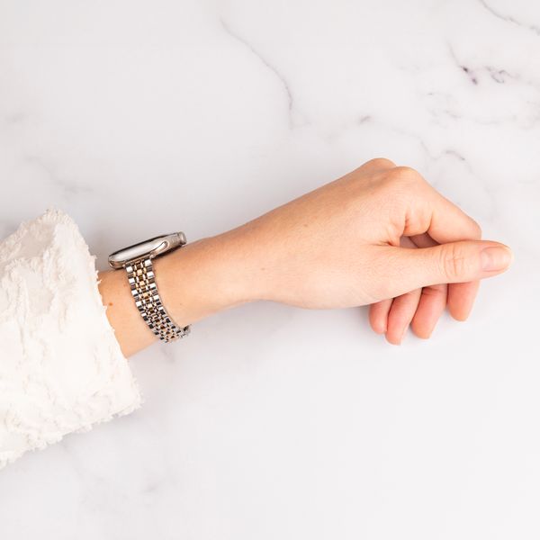 Selencia Jubilee inspiriertes schmales Edelstahlarmband für Apple Watch Series 1 t/m 9 / SE (38/40/41 mm) | Series 10 / 11 (42 mm) - Zilver & Rosé Goud / Silver & Rose Gold