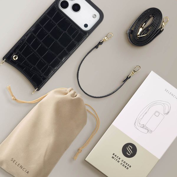 Selencia Nova Croco HandyHülle mit Kordel und Kartenhalter Apple iPhone 17 Pro Max - Schwarz