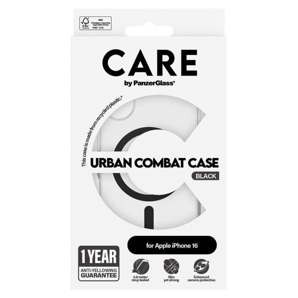 CARE by PanzerGlass Urban Combat Case MagSafe für das iPhone 16 - Transparent / Schwarz