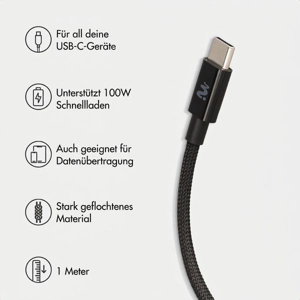 imoshion Wandladegerät - Netzteil - 2x USB-C 40 W + geflochtenes USB-C-zu-USB-C-Kabel 100 W - 1 Meter - Schwarz