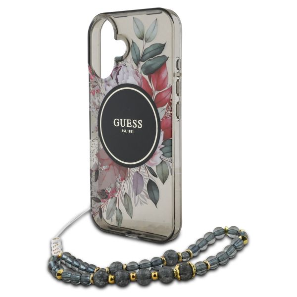 Guess MagSafe IML Flowers Case mit Beads Strap Apple iPhone 16 - Schwarz
