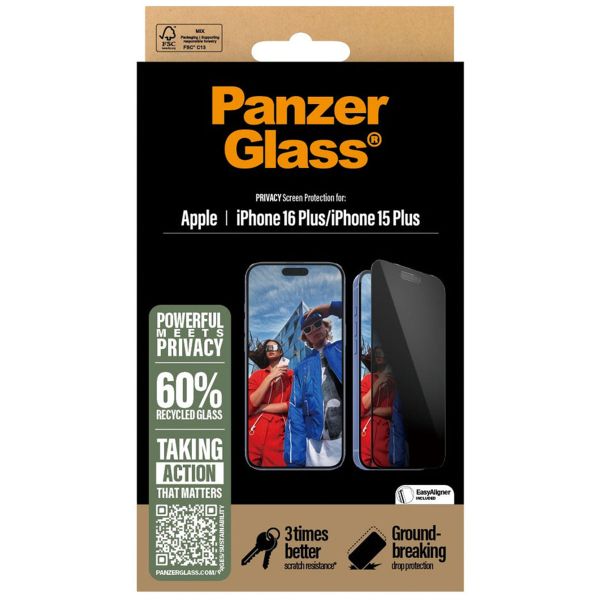 PanzerGlass Ultra Wide Fit Antibakterieller Screen Protector mit Sichtschutz inkl. Applikator für das iPhone 16 Plus