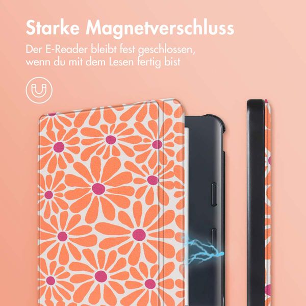 imoshion Design Slim Hard Case Sleepcover mit Stand Kobo Libra Colour - Orange Flowers Connect