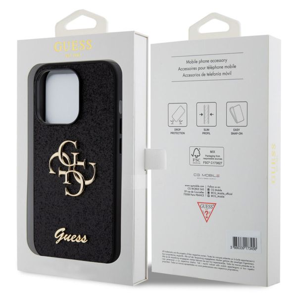 Guess 4G Metal Logo Back Cover mit Glitter Apple iPhone 15 Pro - Schwarz
