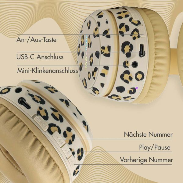 imoshion Special Edition - Kabellose Kinderkopfhörer mit Leopardenmuster LED Light Cat Ear - Dezibelbegrenzer - Mit AUX-kabel - Leopard