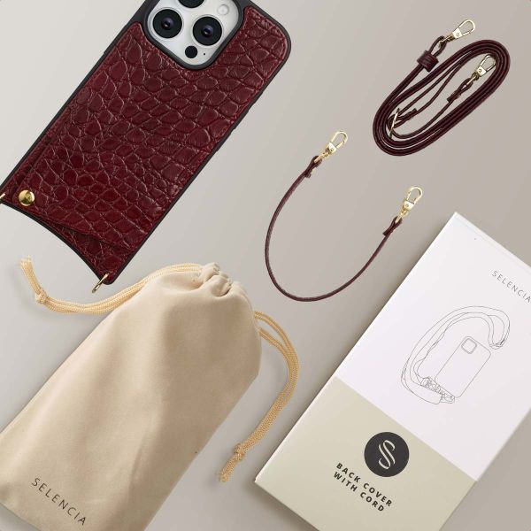 Selencia Nova Croco HandyHülle mit Kordel und Kartenhalter Apple iPhone 16 Pro - Burgundy