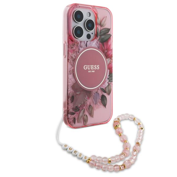 Guess MagSafe IML Flowers Case mit Beads Strap Apple iPhone 15 Pro Max - Pink