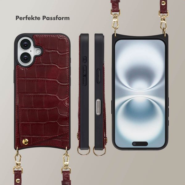 Selencia Nova Croco HandyHülle mit Kordel und Kartenhalter Apple iPhone 16 - Burgundy