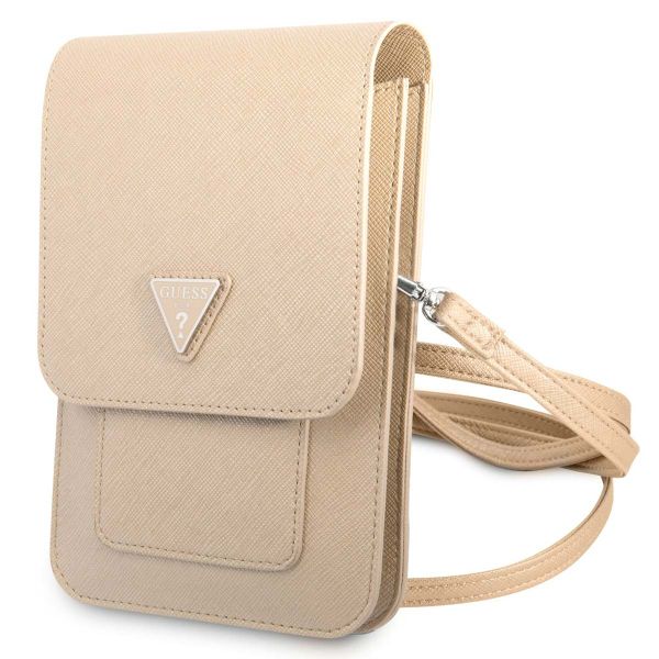 Guess Saffiano Triangle Handytasche - Geeignet für Smartphones bis 7 Zoll - Beige