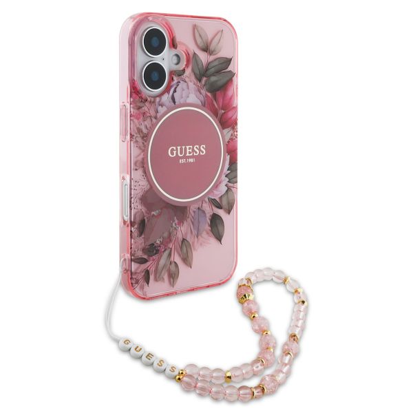 Guess MagSafe IML Flowers Case mit Beads Strap für das iPhone 16 - Pink