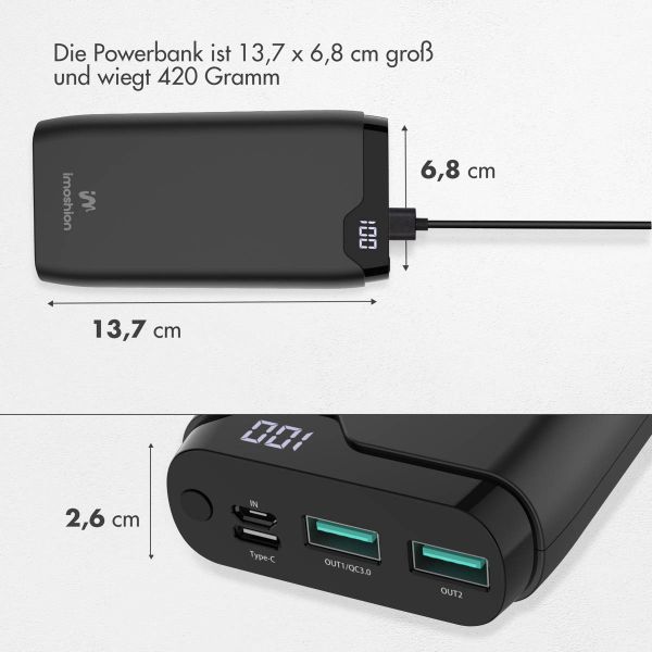 imoshion Powerbank 20.000 mAh + Accezz Ultra Slim GaN Ladegerät + Accezz USB-C- auf USB-C-Kabel - 1 Meter - Schwarz