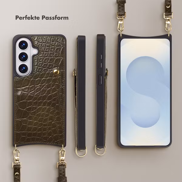 Selencia Nova Croco HandyHülle mit Kordel und Kartenhalter Samsung Galaxy S26 - Dark Olive