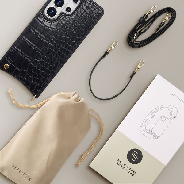 Selencia Nova Croco HandyHülle mit Kordel und Kartenhalter Samsung Galaxy S26 Ultra - Schwarz