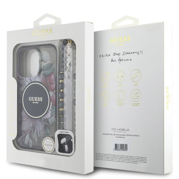 Guess MagSafe IML Flowers Case mit Beads Strap Apple iPhone 15 Pro Max - Schwarz