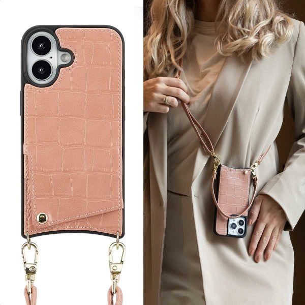 Selencia Nova Croco HandyHülle mit Kordel und Kartenhalter Apple iPhone 16 - Old Pink