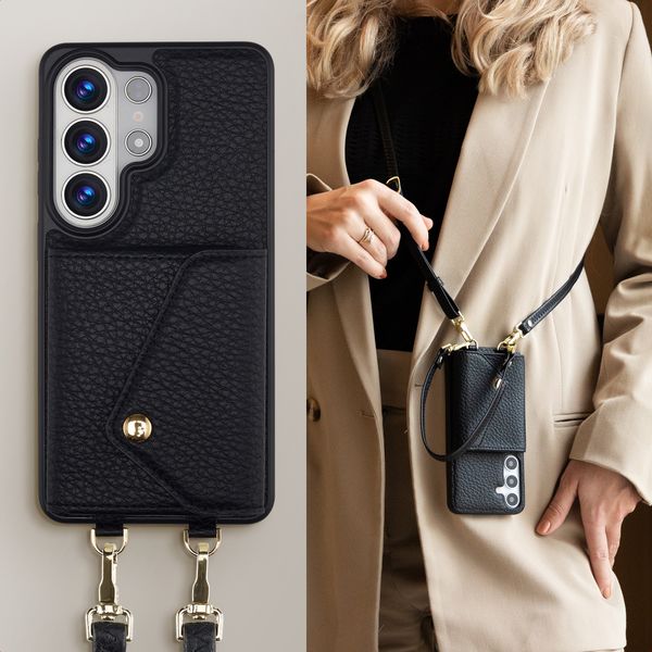 Selencia Sera HandyHülle mit Kordel und Umschlag-Kartenhalter Samsung Galaxy S26 Ultra - Schwarz