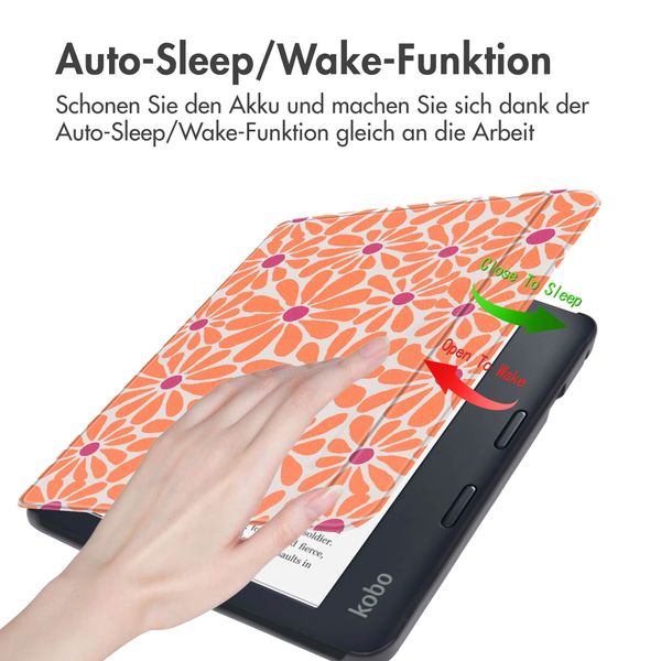 imoshion Design Slim Hard Case Sleepcover mit Stand Kobo Libra 2 / Tolino Vision 6 - Orange Flowers Connect