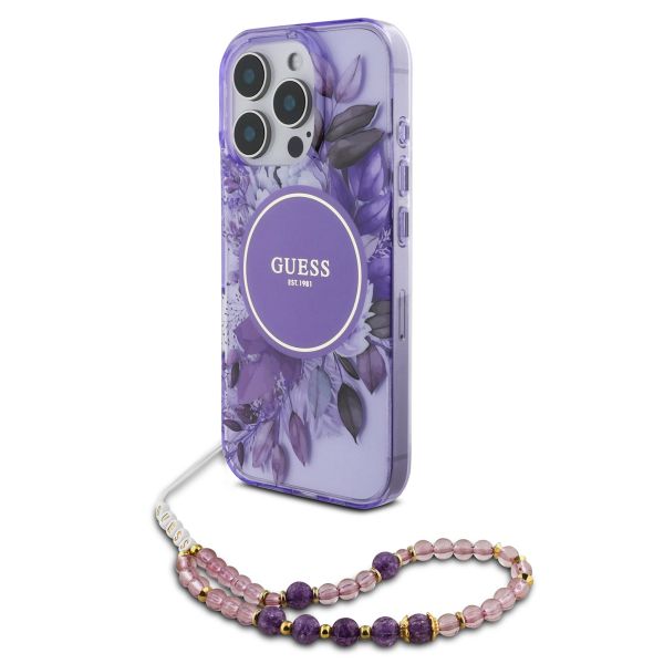 Guess MagSafe IML Flowers Case mit Beads Strap für das iPhone 15 Pro - Purple