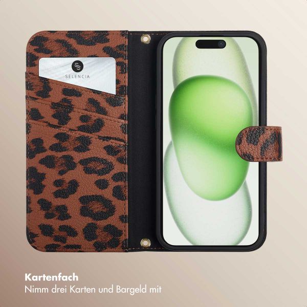 Selencia Sabi Klapphülle mit Leopardenmuster Apple iPhone 15 - Mocha Brown