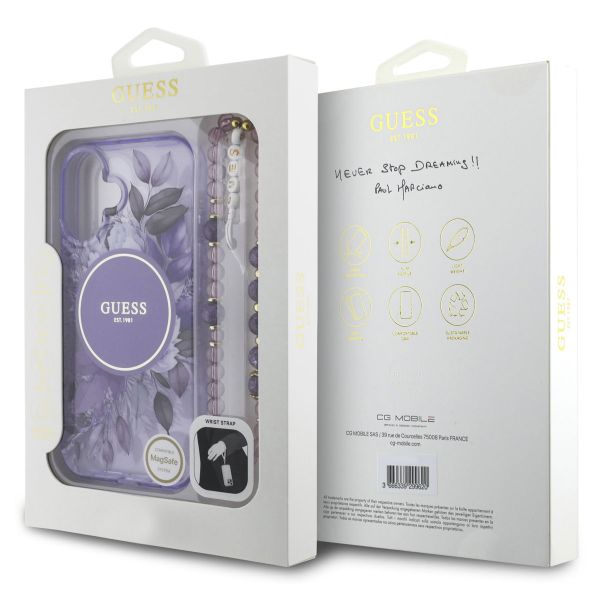 Guess MagSafe IML Flowers Case mit Beads Strap Apple iPhone 16 - Purple
