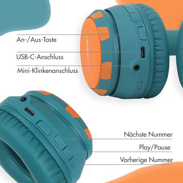 imoshion Kids Dino Bluetooth-Kopfhörer - Kinderkopfhörer mit Dezibelbegrenzer - Drahtloser Kopfhörer + AUX-Kabel - Petrol Green / Orange