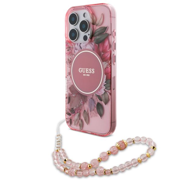 Guess MagSafe IML Flowers Case mit Beads Strap Apple iPhone 16 Pro Max - Pink