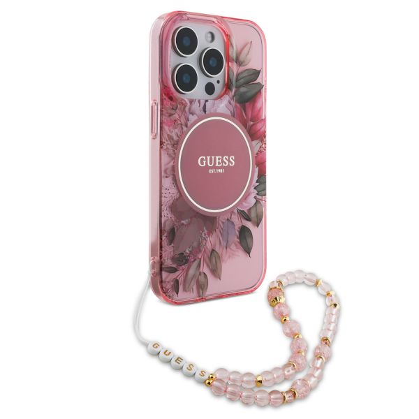 Guess MagSafe IML Flowers Case mit Beads Strap für das iPhone 15 Pro - Pink