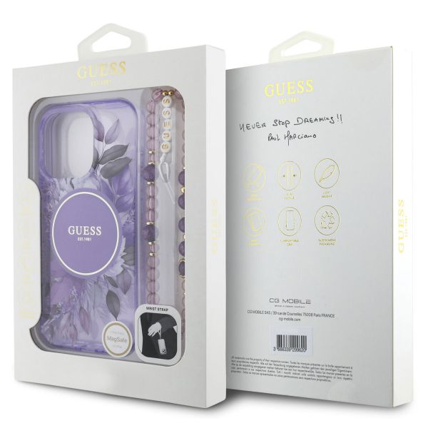 Guess MagSafe IML Flowers Case mit Beads Strap Apple iPhone 16 Pro Max - Purple