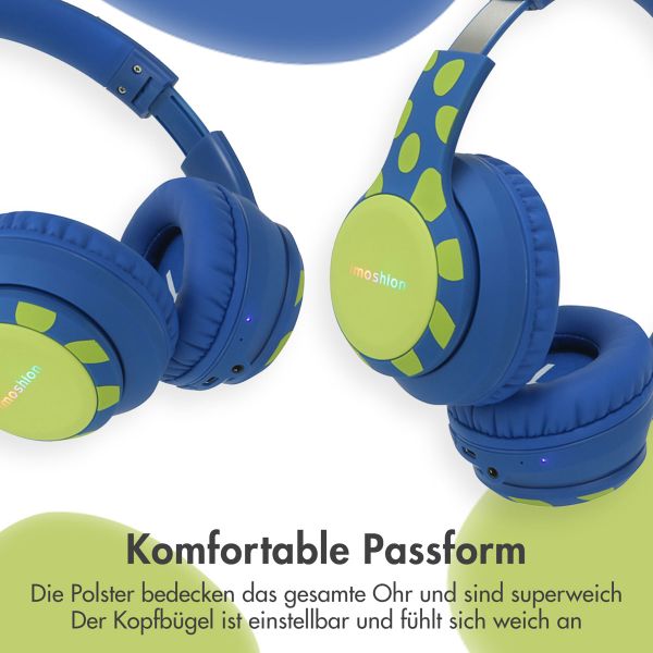 imoshion Kabellose Kinderkopfhörer Dino LED Light - Dezibelbegrenzer - Mit AUX-Kabel - Cobalt Blue / Lime