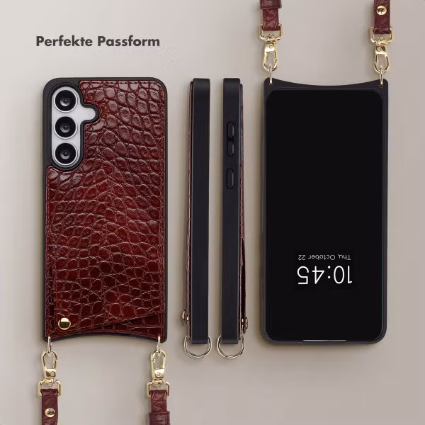 Selencia Nova Croco HandyHülle mit Kordel und Kartenhalter Samsung Galaxy S25 FE - Burgundy