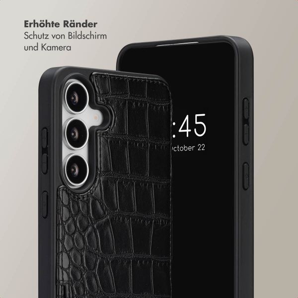 Selencia Nova Croco HandyHülle mit Kordel und Kartenhalter Samsung Galaxy S25 FE - Schwarz