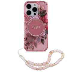 Guess MagSafe IML Flowers Case mit Beads Strap für das iPhone 16 Pro Max - Pink