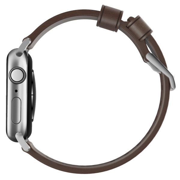 Nomad Modernes Lederarmband für die Apple Watch Series 1 bis 9 / SE (38/40/41 mm) | Series 10 (42 mm) - Braun/Silber