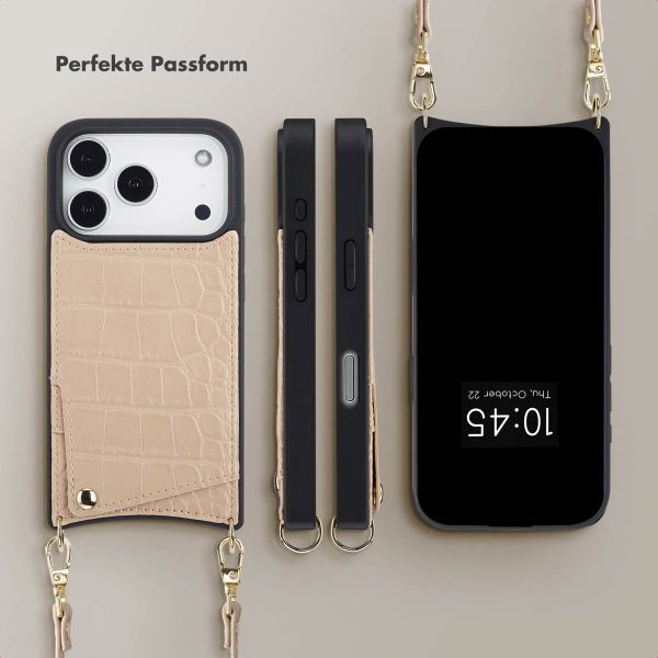 Selencia Nova Croco HandyHülle mit Kordel und Kartenhalter Apple iPhone 17 Pro - Beige