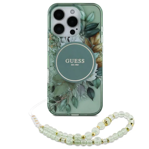 Guess MagSafe IML Flowers Case mit Beads Strap für das iPhone 15 Pro Max - Green