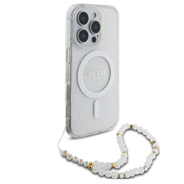 Guess MagSafe IML Glitter Case mit Beads Strap Apple iPhone 16 Pro - Transparent