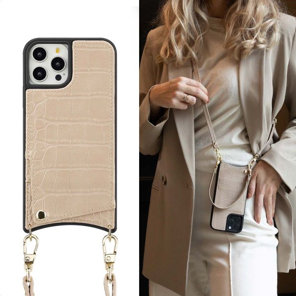 Selencia Nova Croco HandyHülle mit Kordel und Kartenhalter Apple iPhone 12 (Pro) - Beige