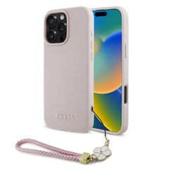 Guess Grained Back Cover MagSafe mit Flower Charm Strap Apple iPhone 16 Pro - Rosa